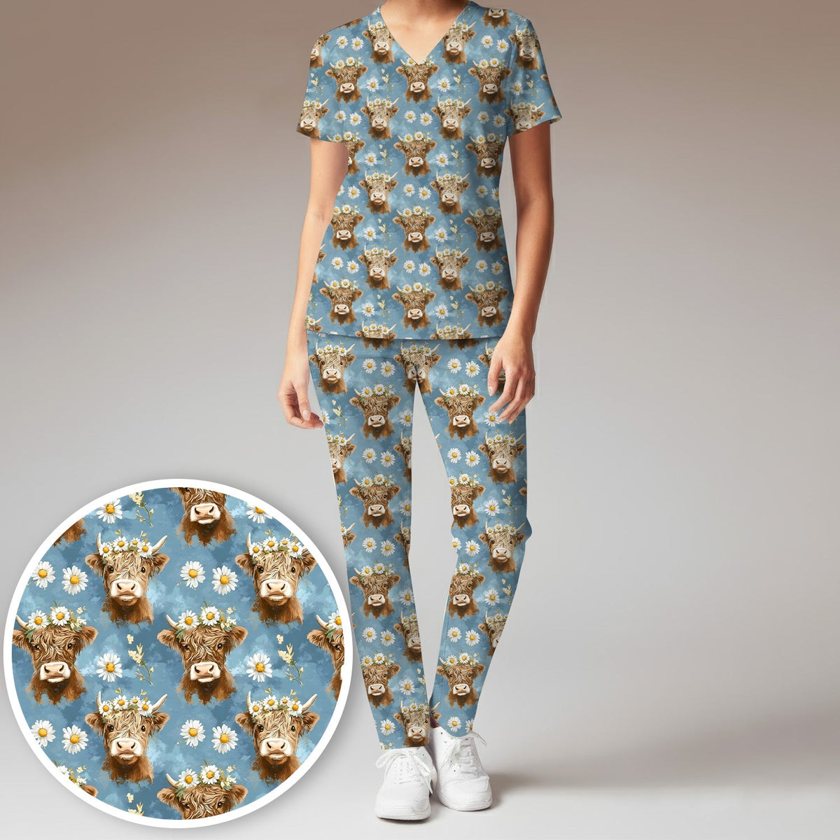 Highland Cow Daisy Flower Pattern Scrub Set, Scrub Pants and V Neck Top