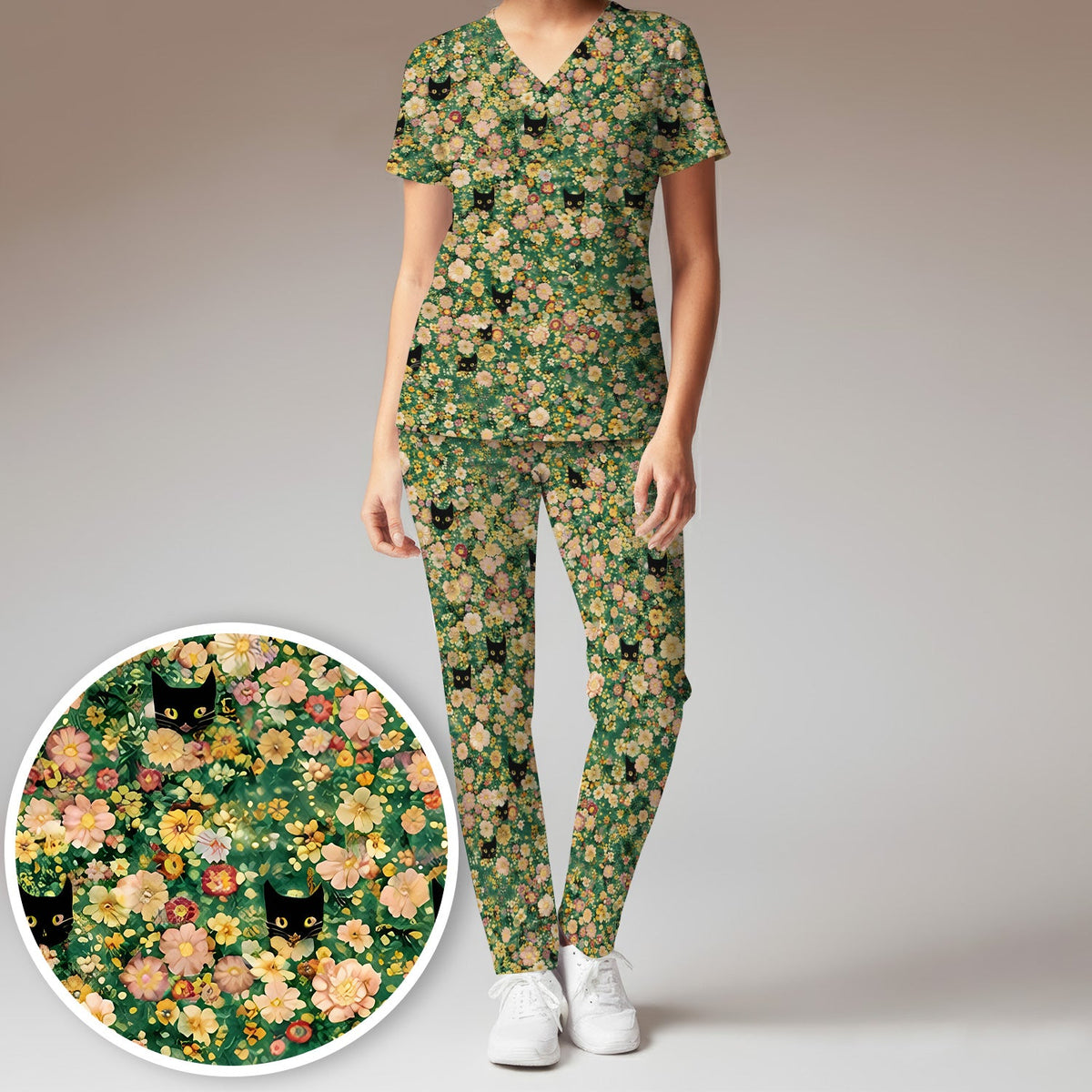Cute Black Cat Floral Garden Nurse Scrub Set