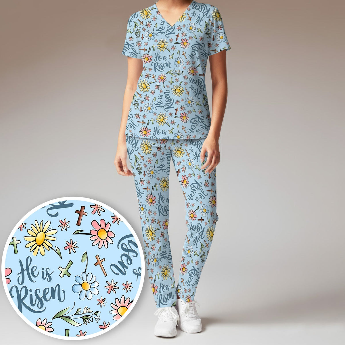 Risen Cross Flower Nurse Scrub Set - Easter Gift
