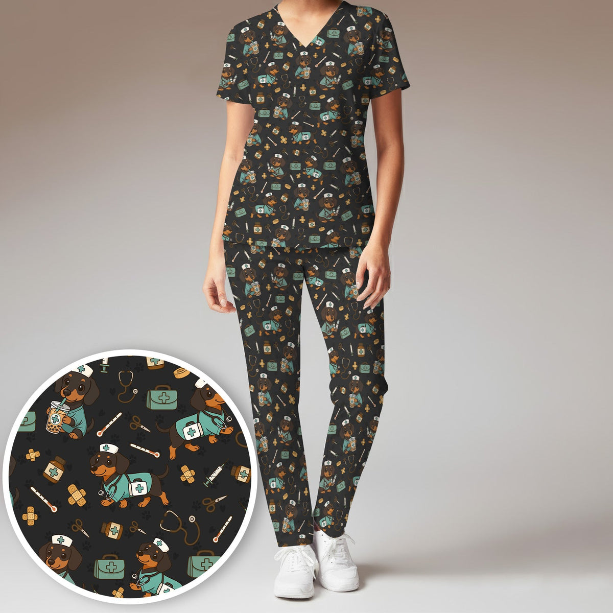 Funny Dachshund Nurse Scrubs Set - Cute Dog Print Medical Shirt - Holiday Nurse Scrub Top Gift for RN CNA Doctor, Women & Men