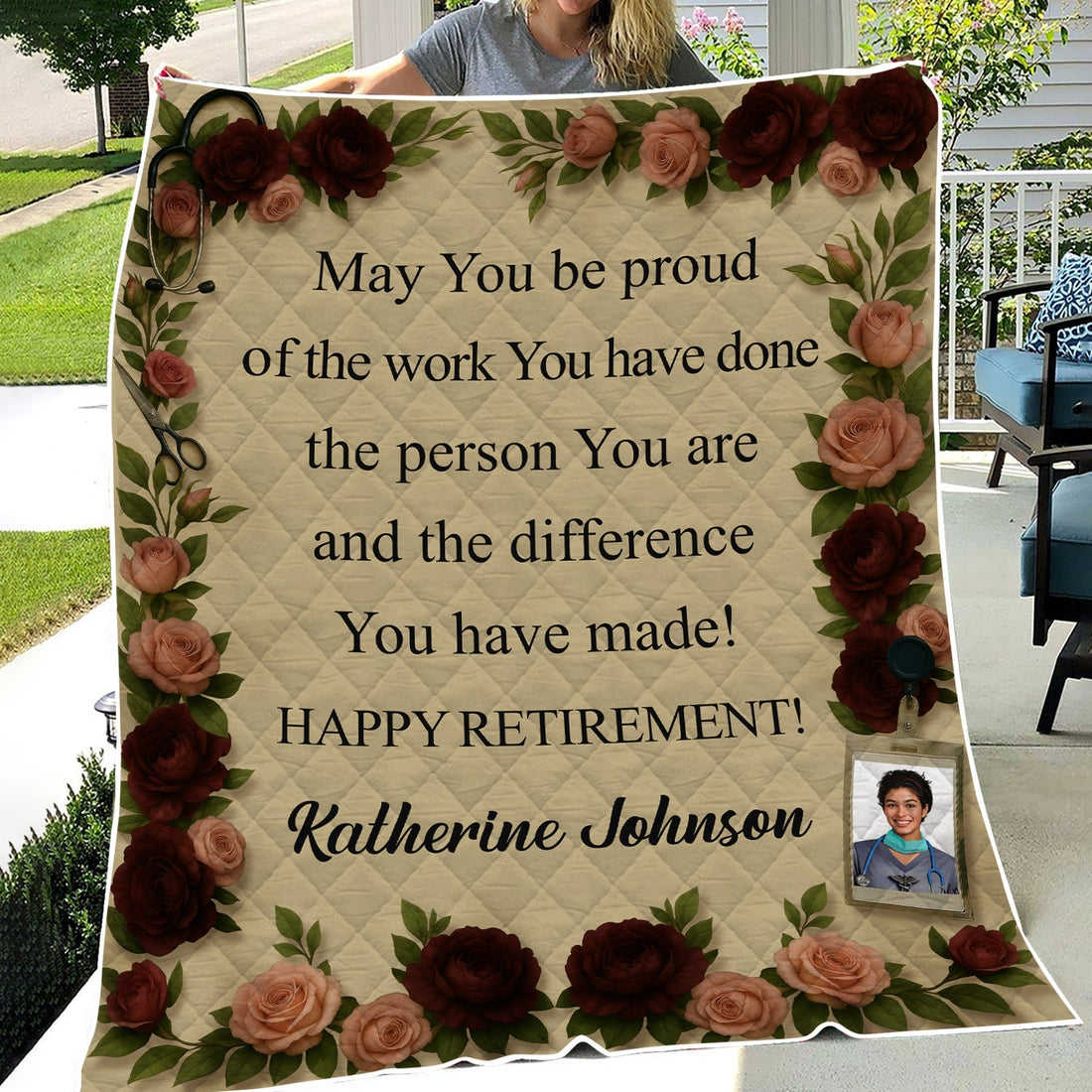 Personalized Retirement Floral Border Photo Nurse Blanket