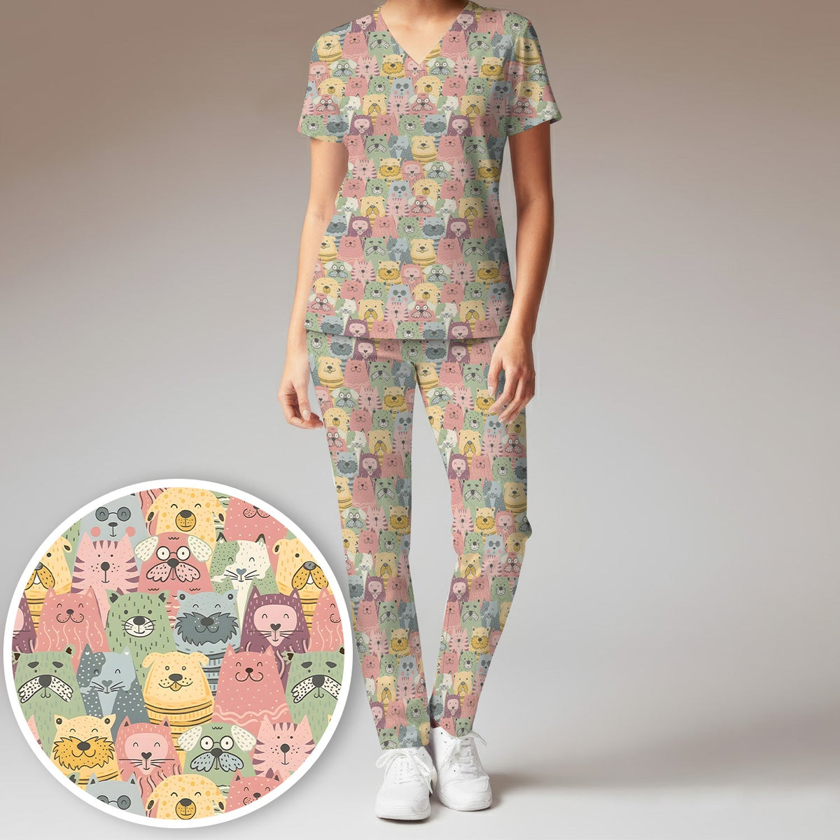 Cartoon Cat And Dog Faces Nurse Scrub Set