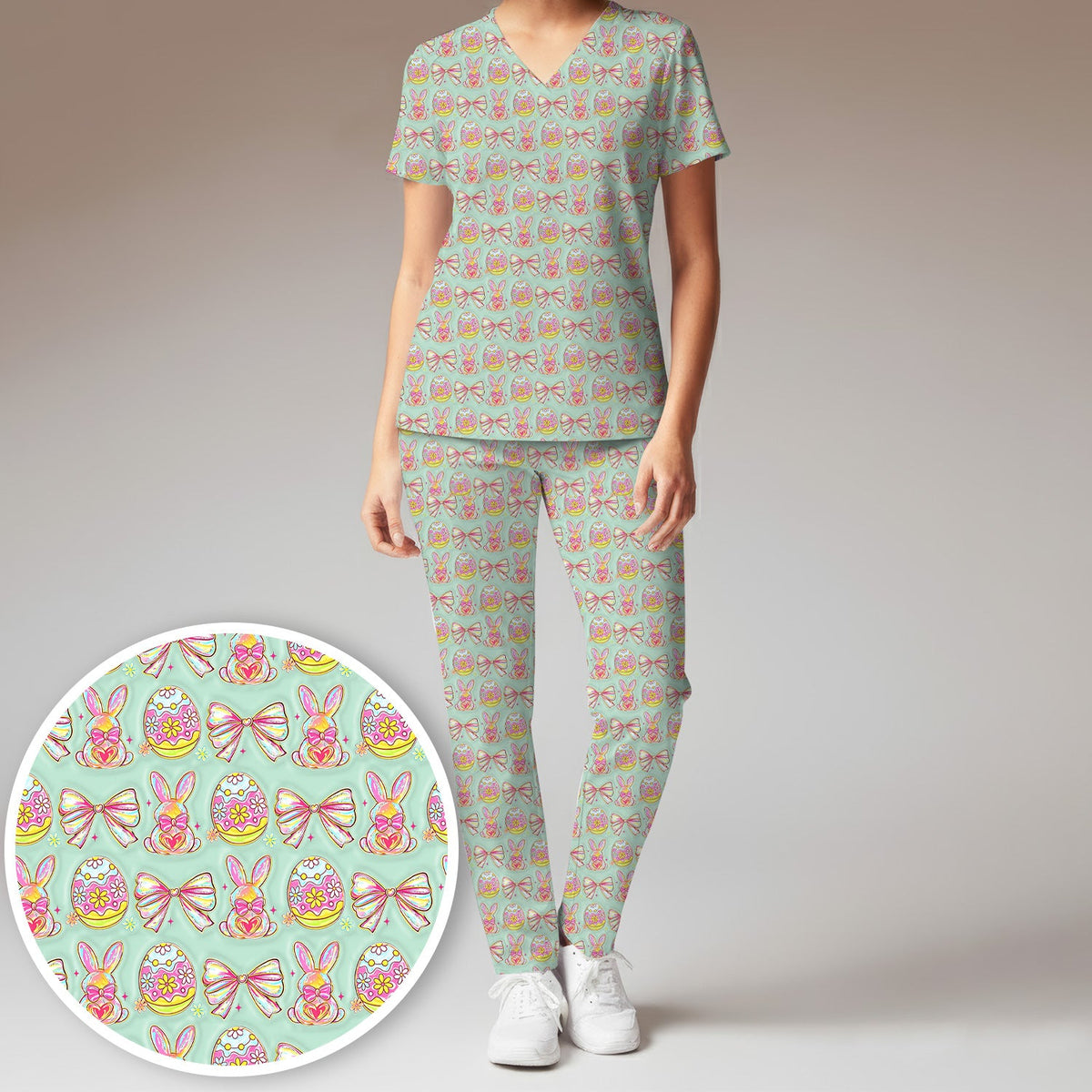 Bunny Pastel Egg Bow Nurse Scrub Set - Easter Gift