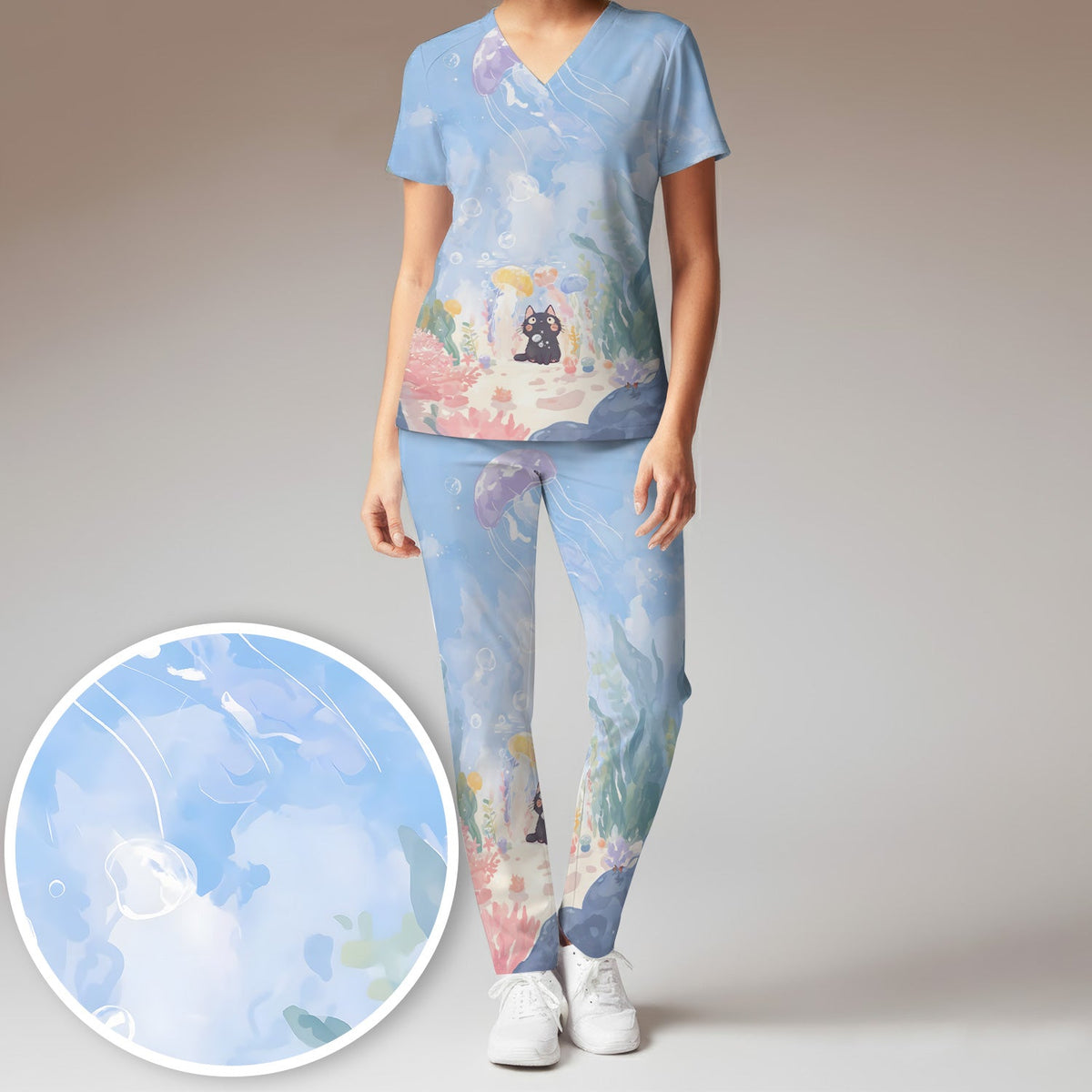Underwater Black Cat Jellyfish Nurse Scrub Set
