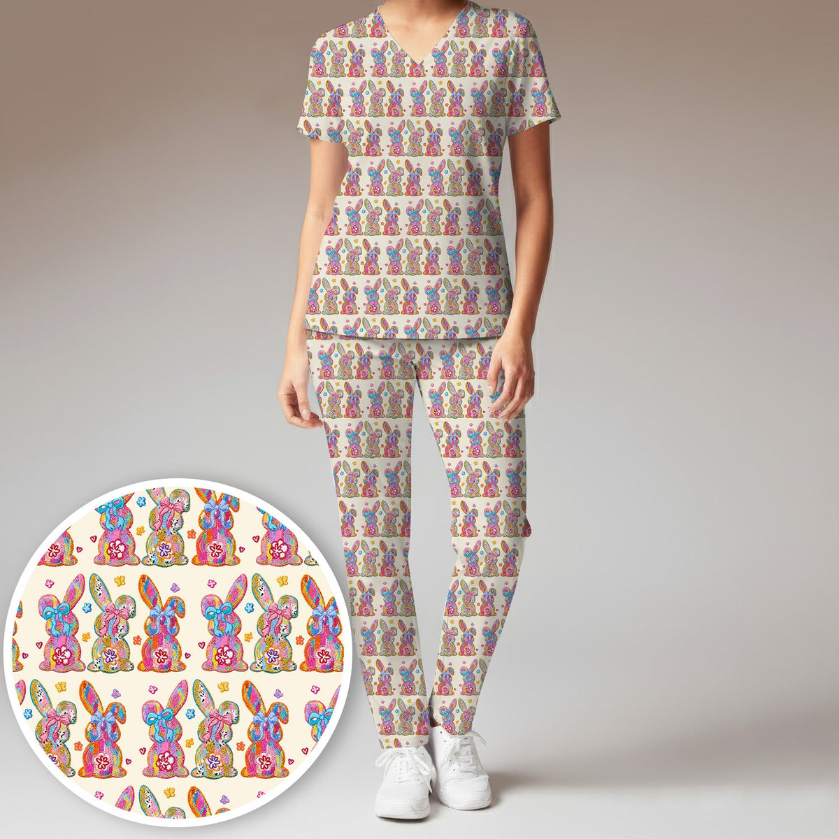 Pastel Bunny Floral Nurse Scrub Set