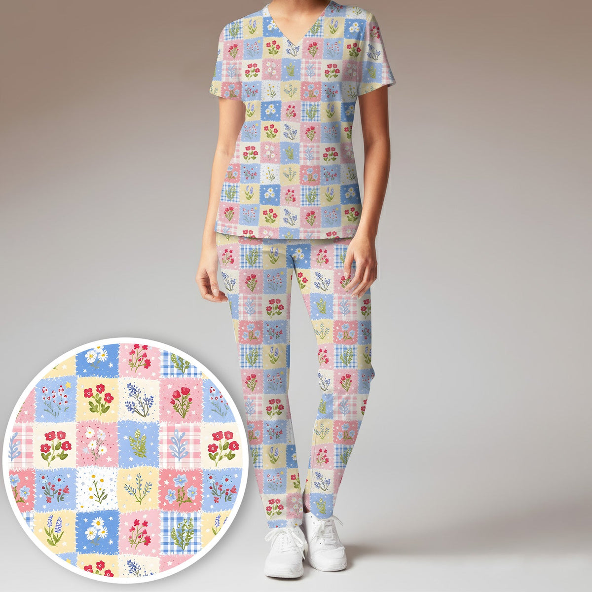 Pastel Patchwork Wildflower Garden Nurse Scrub Set