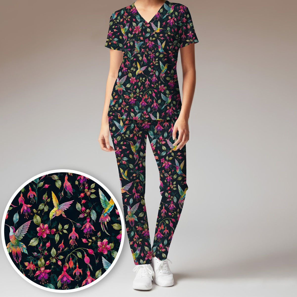 Hummingbird Fuchsia Bloom Nurse Scrub Set