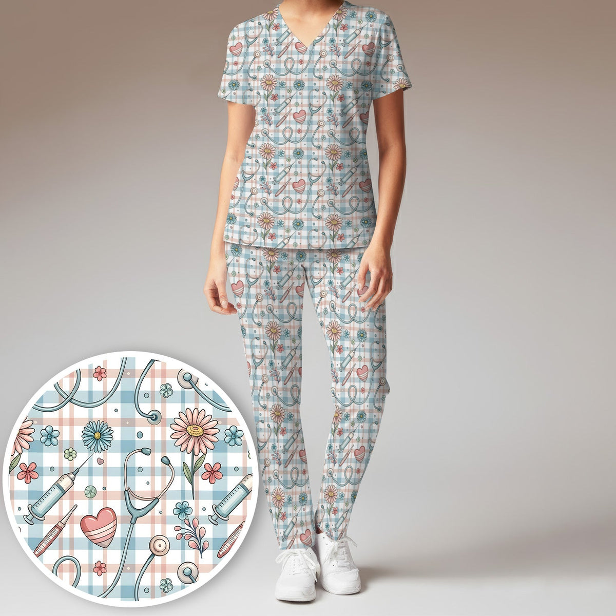 Stethoscope Heart Syringe Floral Plaid Nurse Scrub Set