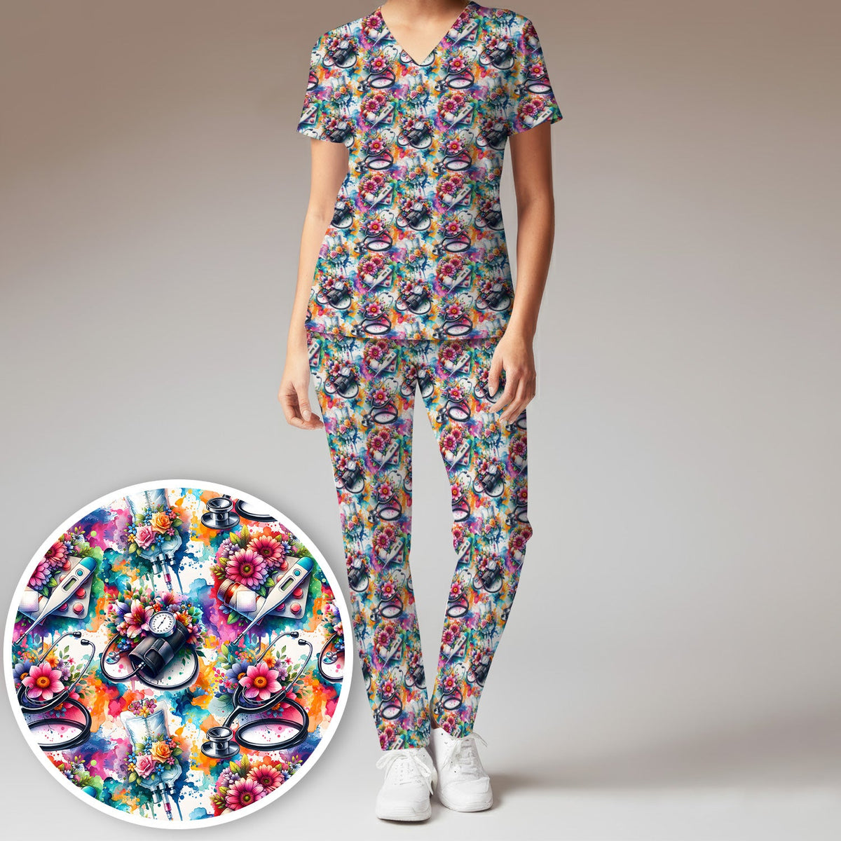 Colorful Medical Tools Floral Nurse Scrub Set