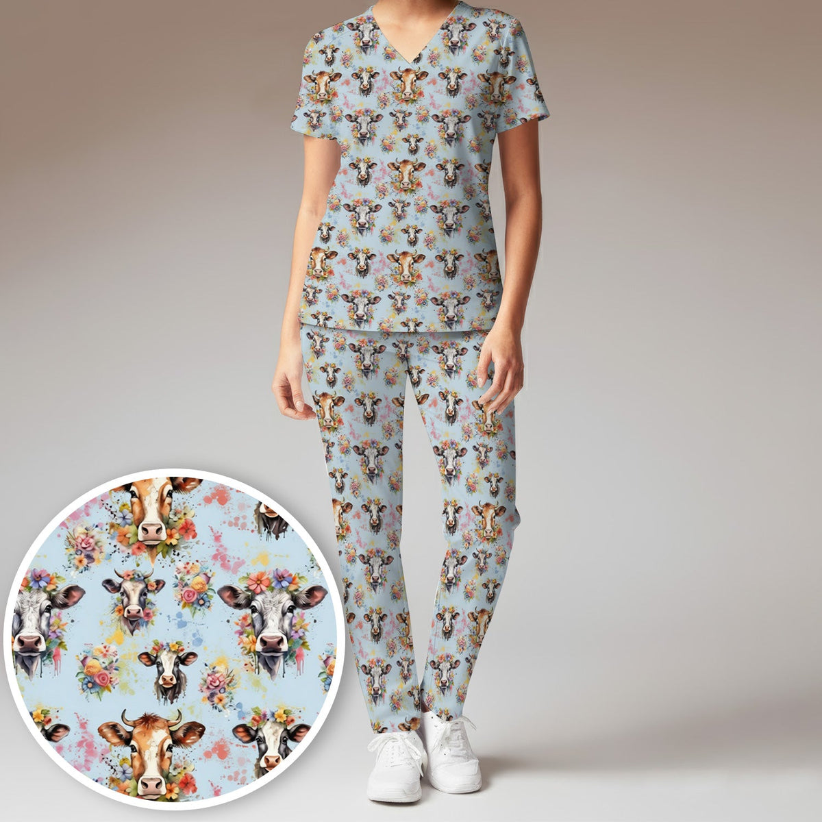 Floral Cow Farm Nurse Scrub Set