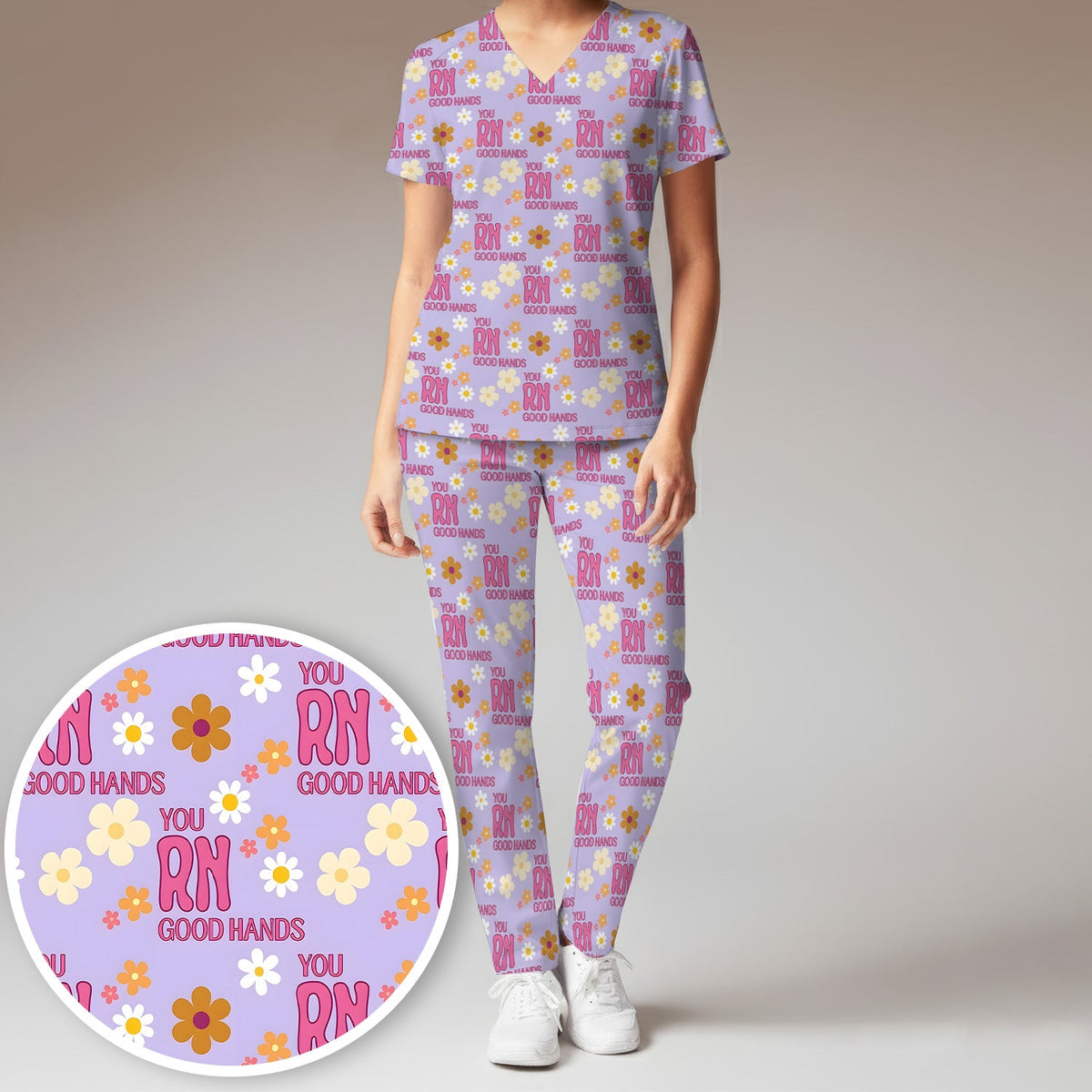 You RN Good Hands Floral Daisy Nurse Scrub Set