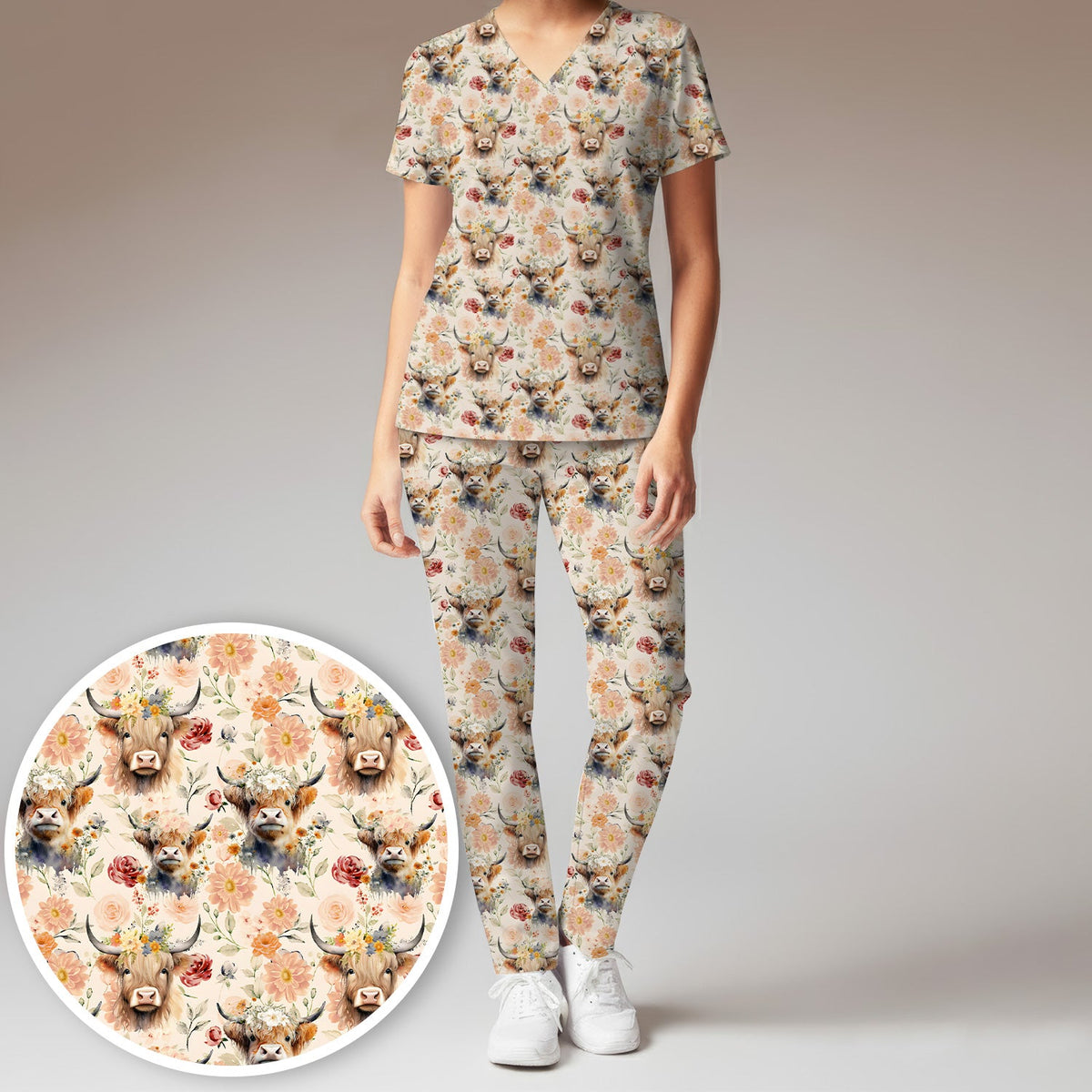 Highland Cow Floral Nurse Scrub Set