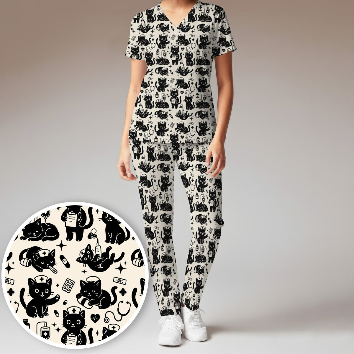 Cute White Black Cat Nurse Scrub Set