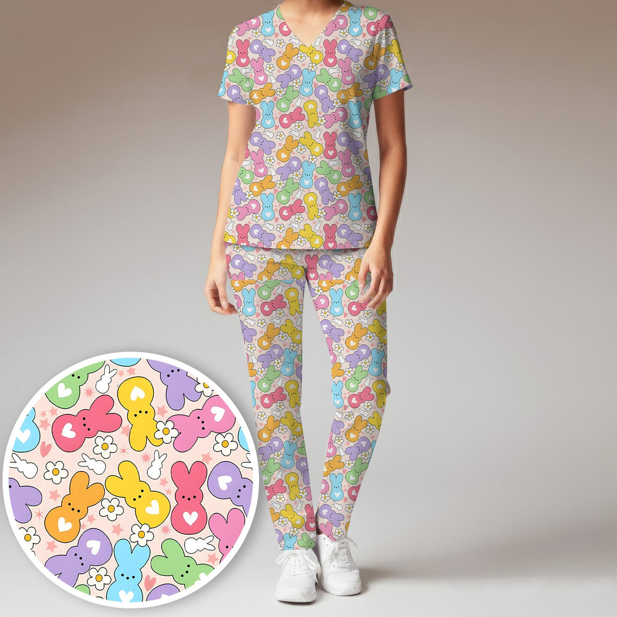 Sweet Pastel Bunny Daisy Nurse Scrub Set