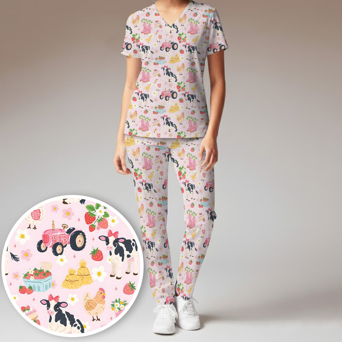 Farm Animals Strawberry Garden Nurse Scrub Set