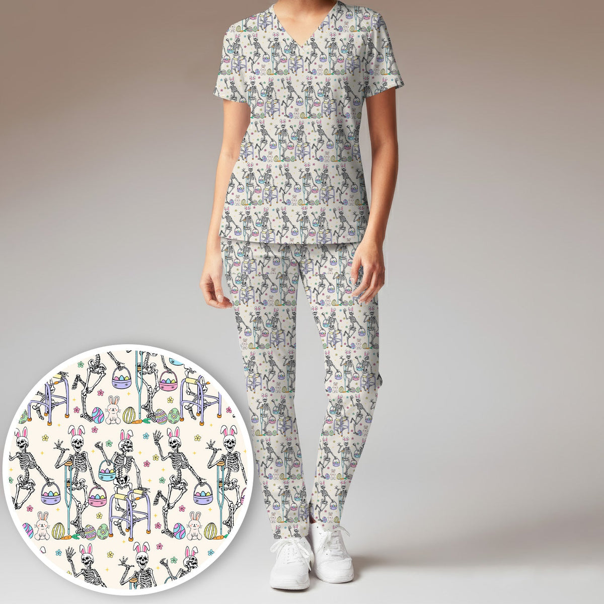 Fun Skeleton Bunny Nurse Scrub Set - Easter Gift