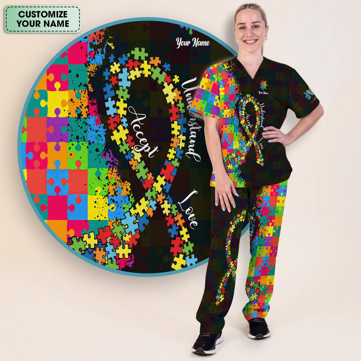 Personalized Autism Awareness Puzzle Ribbon Nurse Scrub Set