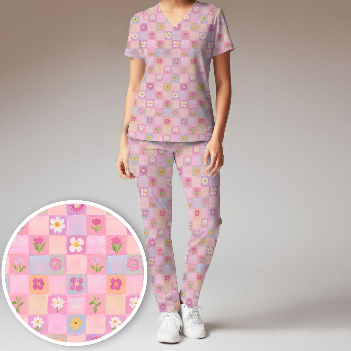 Lovely Pastel Floral Patchwork Nurse Scrub Set