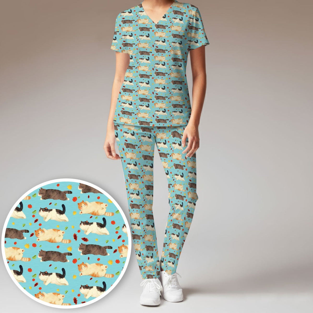 Chubby Cat Autumn Leaves Nurse Scrub Set