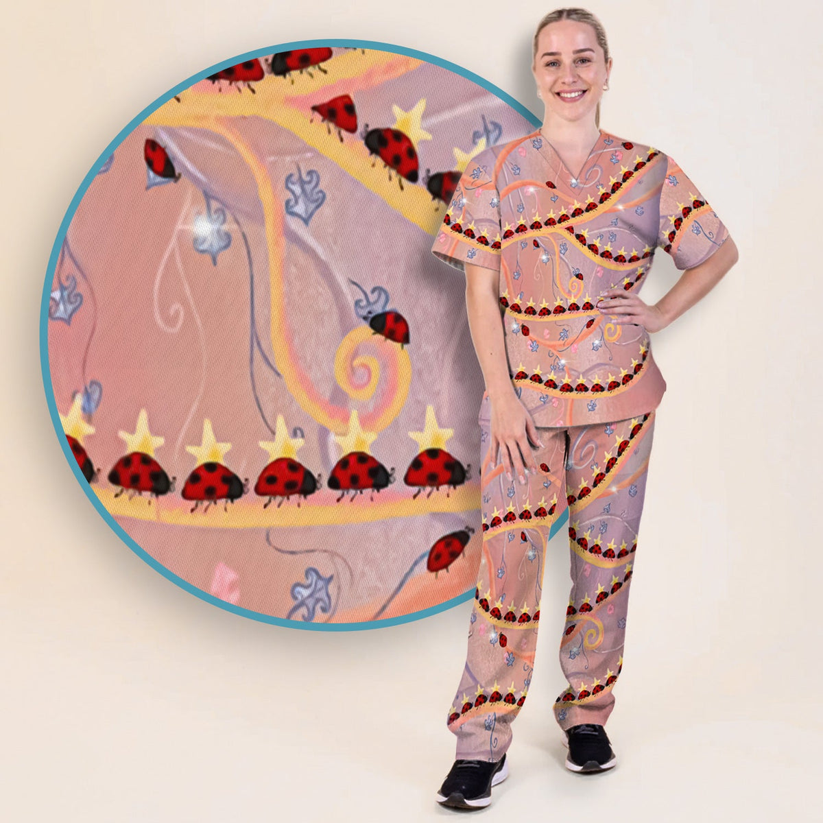 Ladybug Star Vine Swirl Nurse Scrub Set