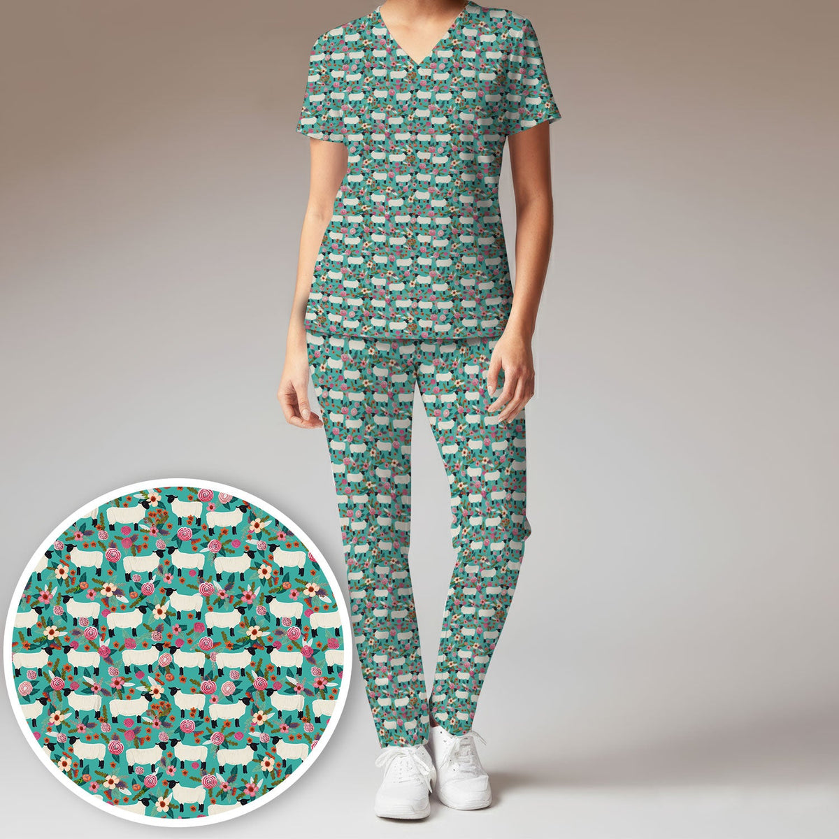 Sheep Floral Meadow Nurse Scrub Set