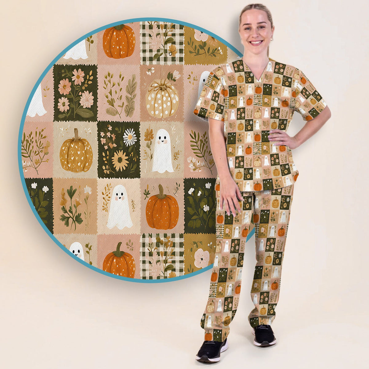 Halloween Ghost Pumpkin Patchwork Nurse Scrub Set