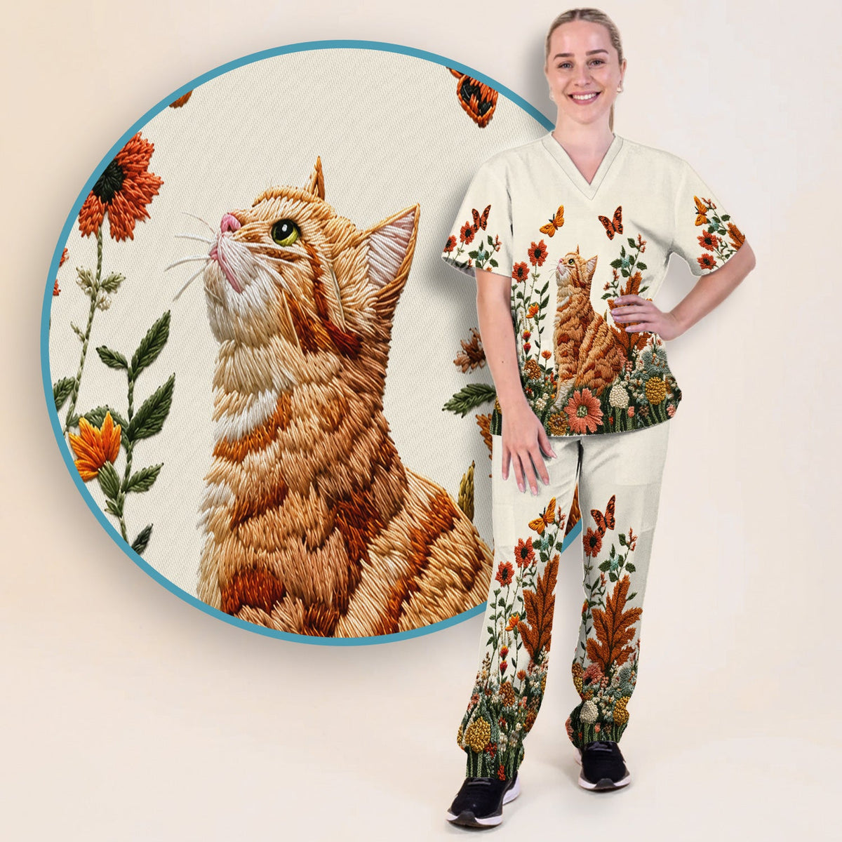 Orange Cat Wildflower Nurse Scrub Set