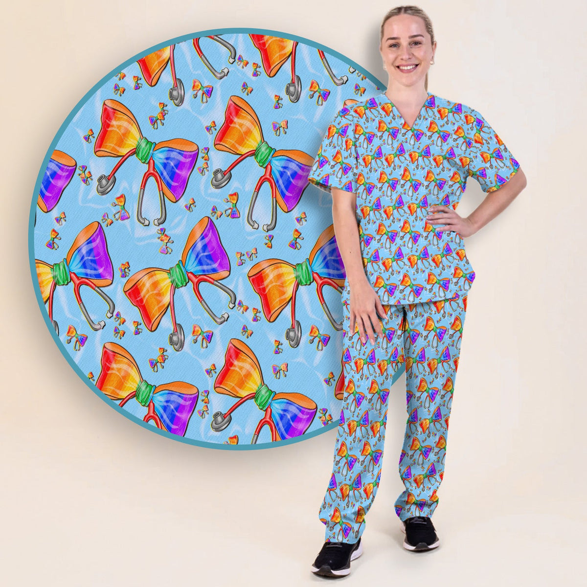 Colorful Rainbow Bow Stethoscope Nurse Scrub Set