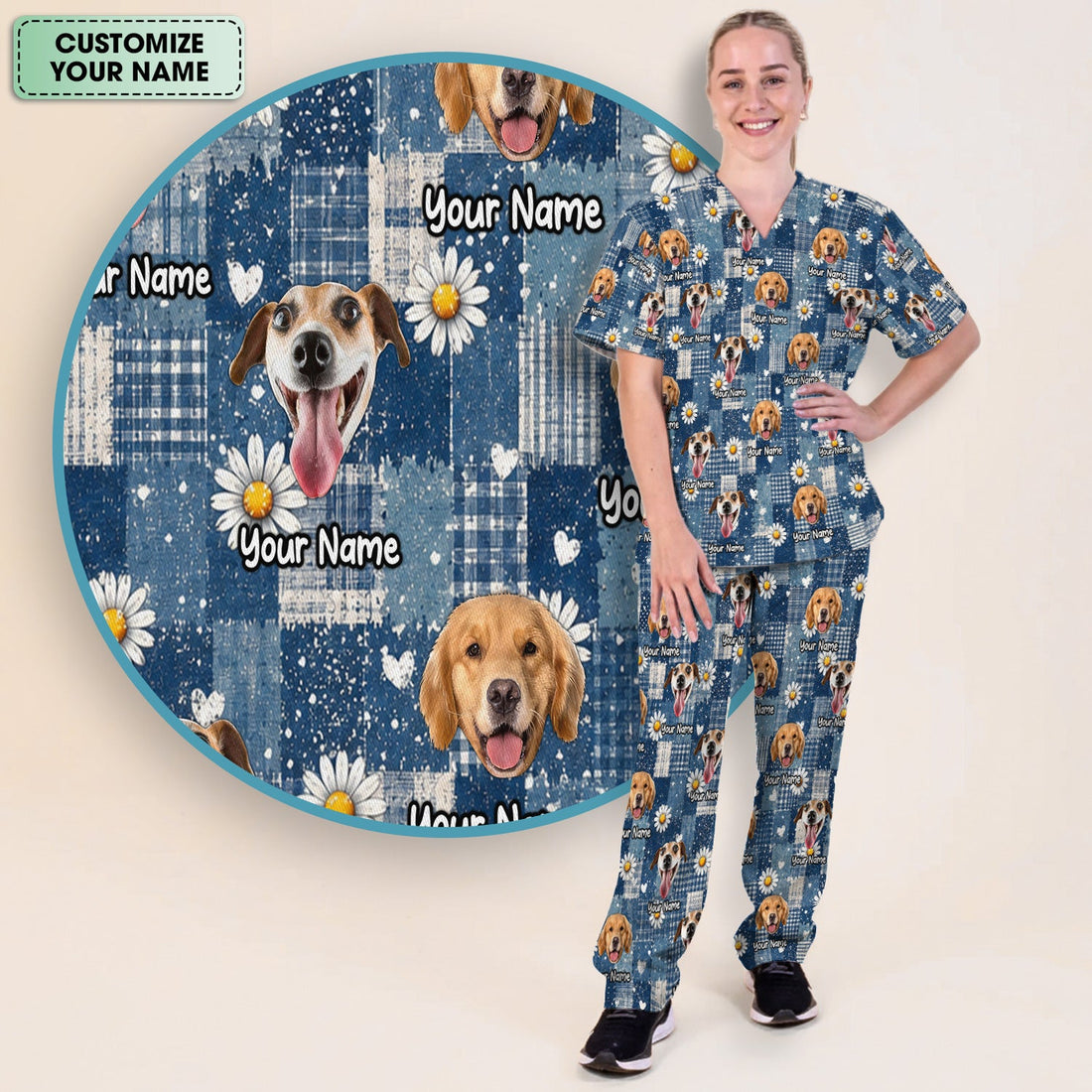 Personalized Dog Photo Patchwork Daisy Nurse Scrub Set