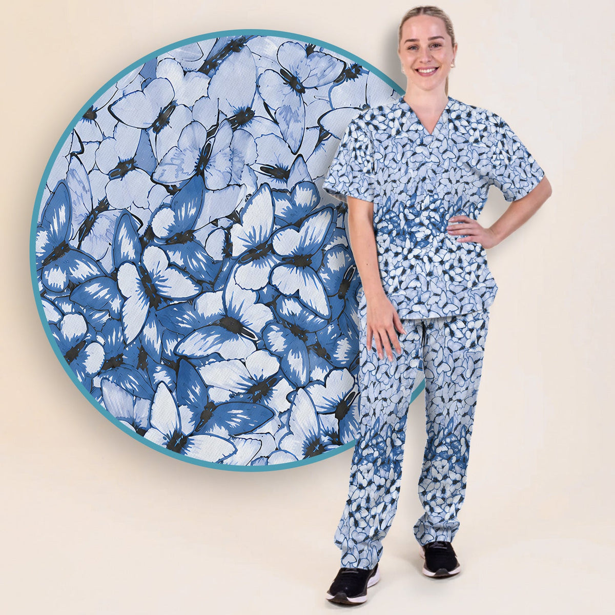 Blue Butterfly Floral Nurse Scrub Set