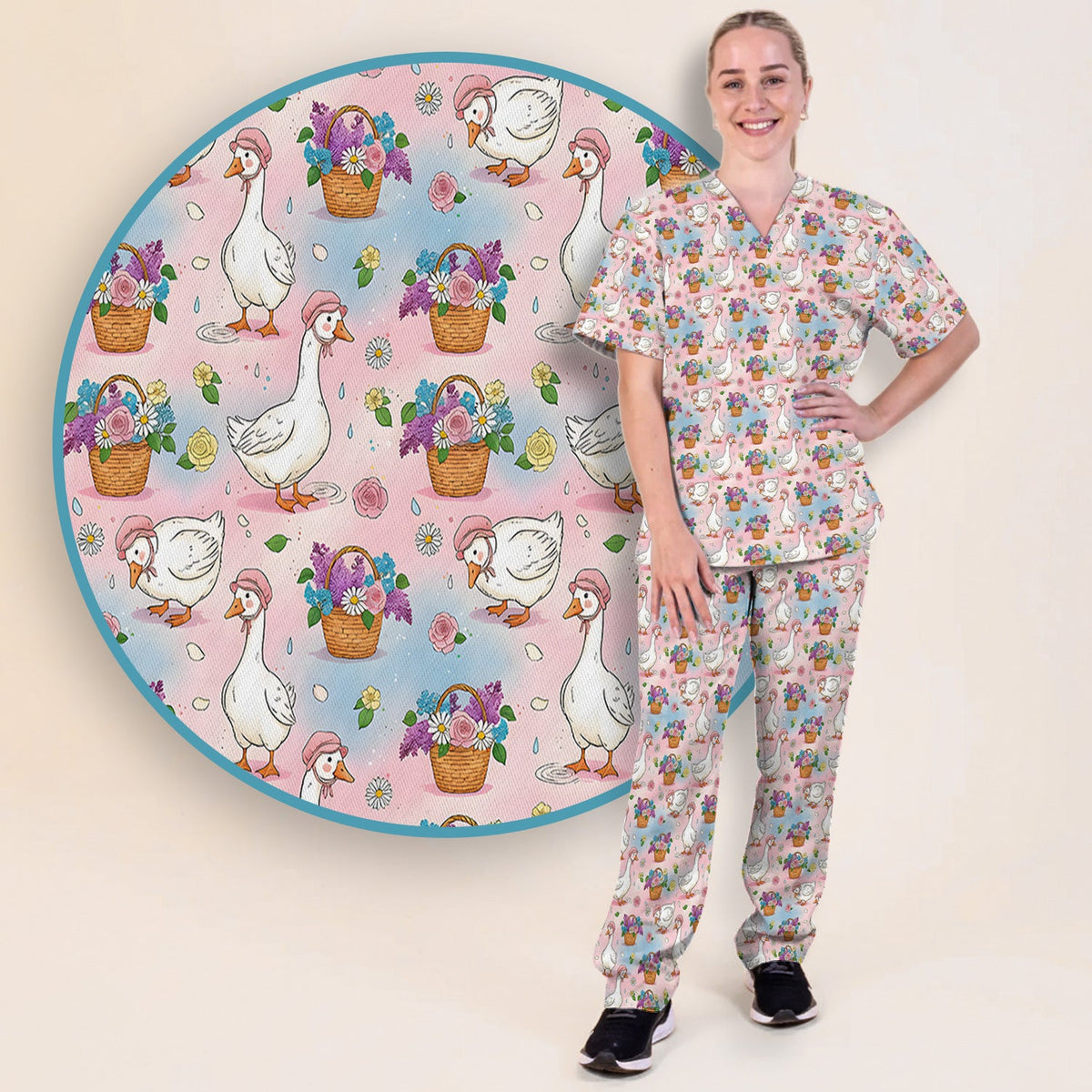 Spring Goose Flower Basket Nurse Scrub Set