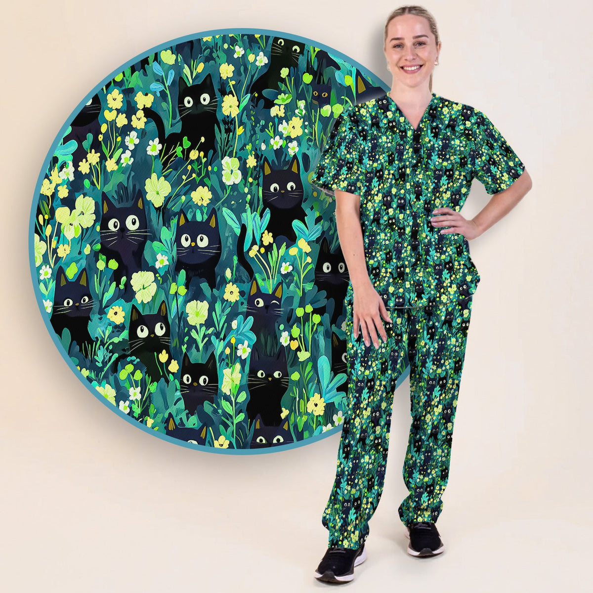 Black Cat Floral Nurse Scrub Set