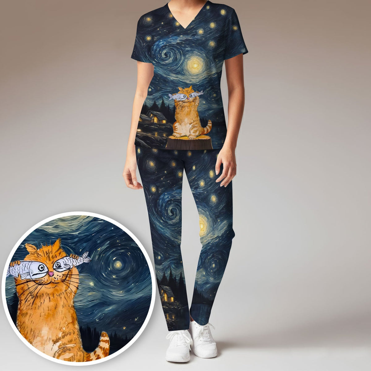 Cat Starry Night Sky Nurse Scrub Set