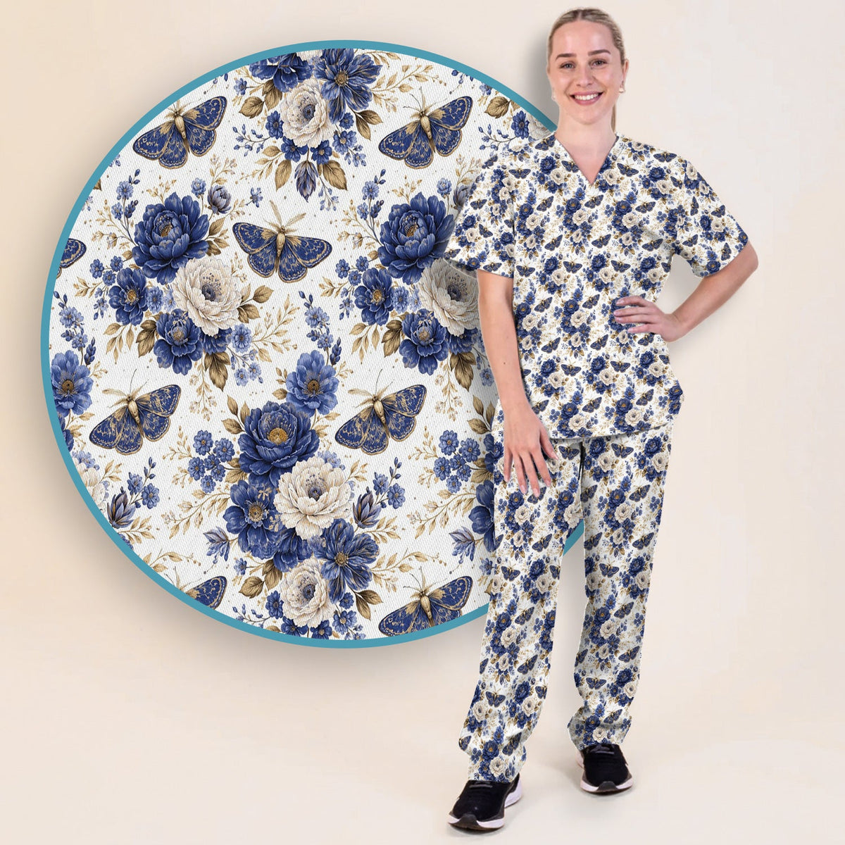 Cute Blue Floral Moth Nurse Scrub Set
