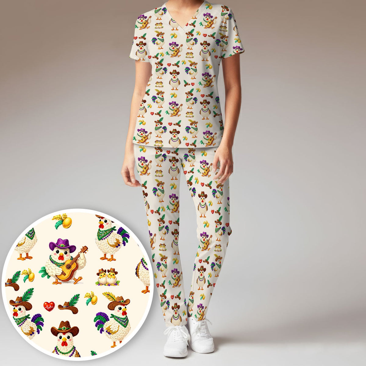 Mardi Gras Rooster Cowboy Nurse Scrub Set