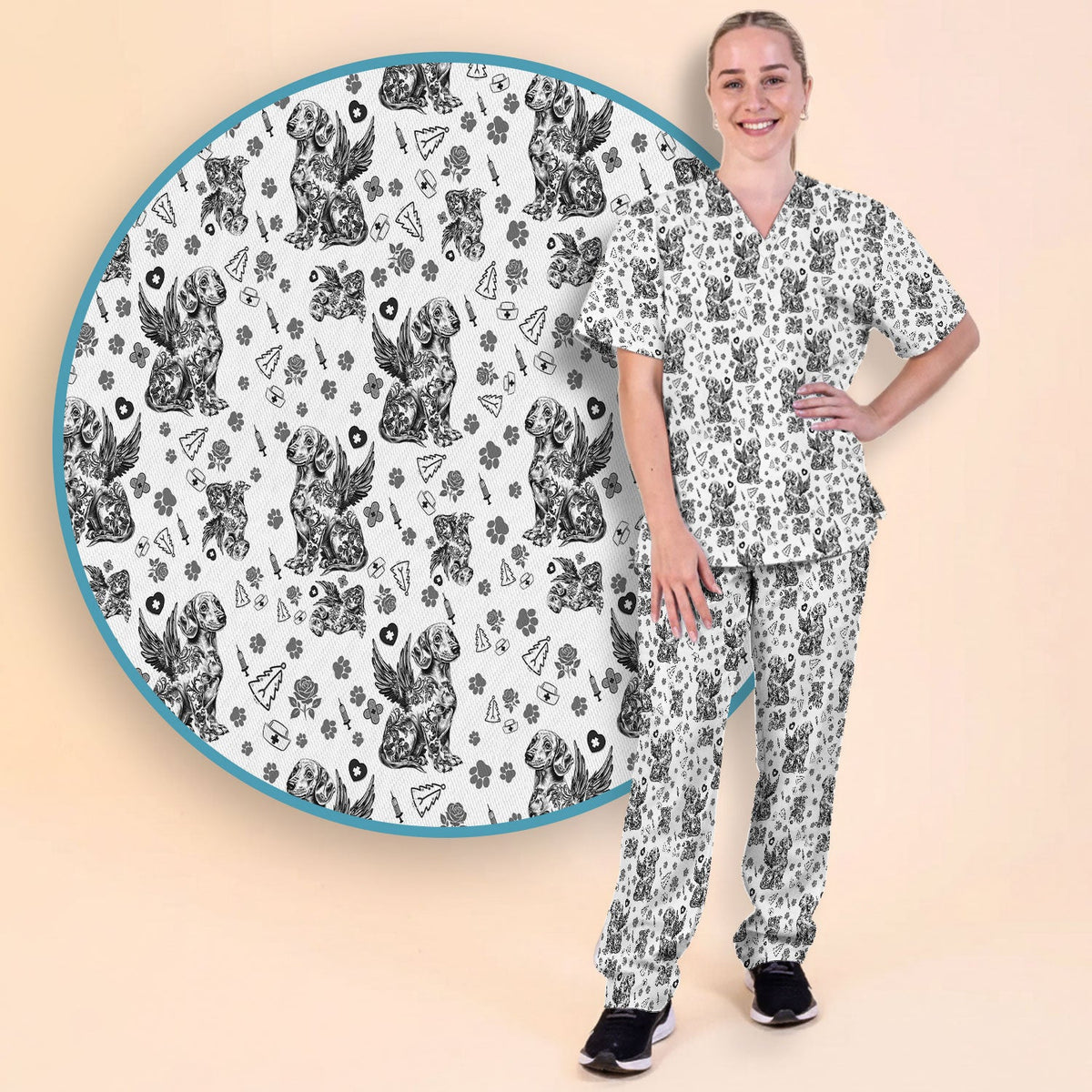 Toile De Jouy Dachshund Angel Nurse Scrub Set