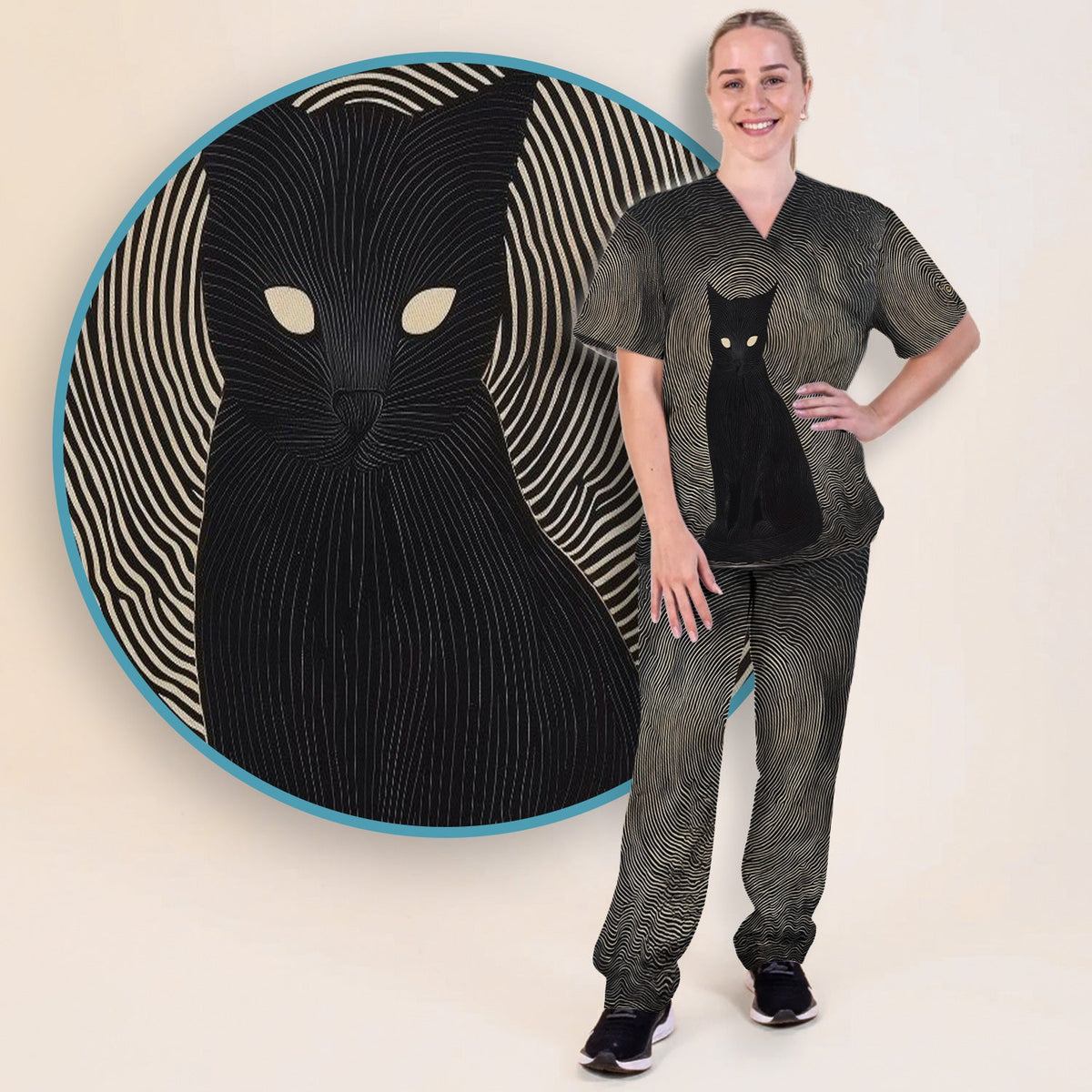 Black Cat Line Art Nurse Scrub Set