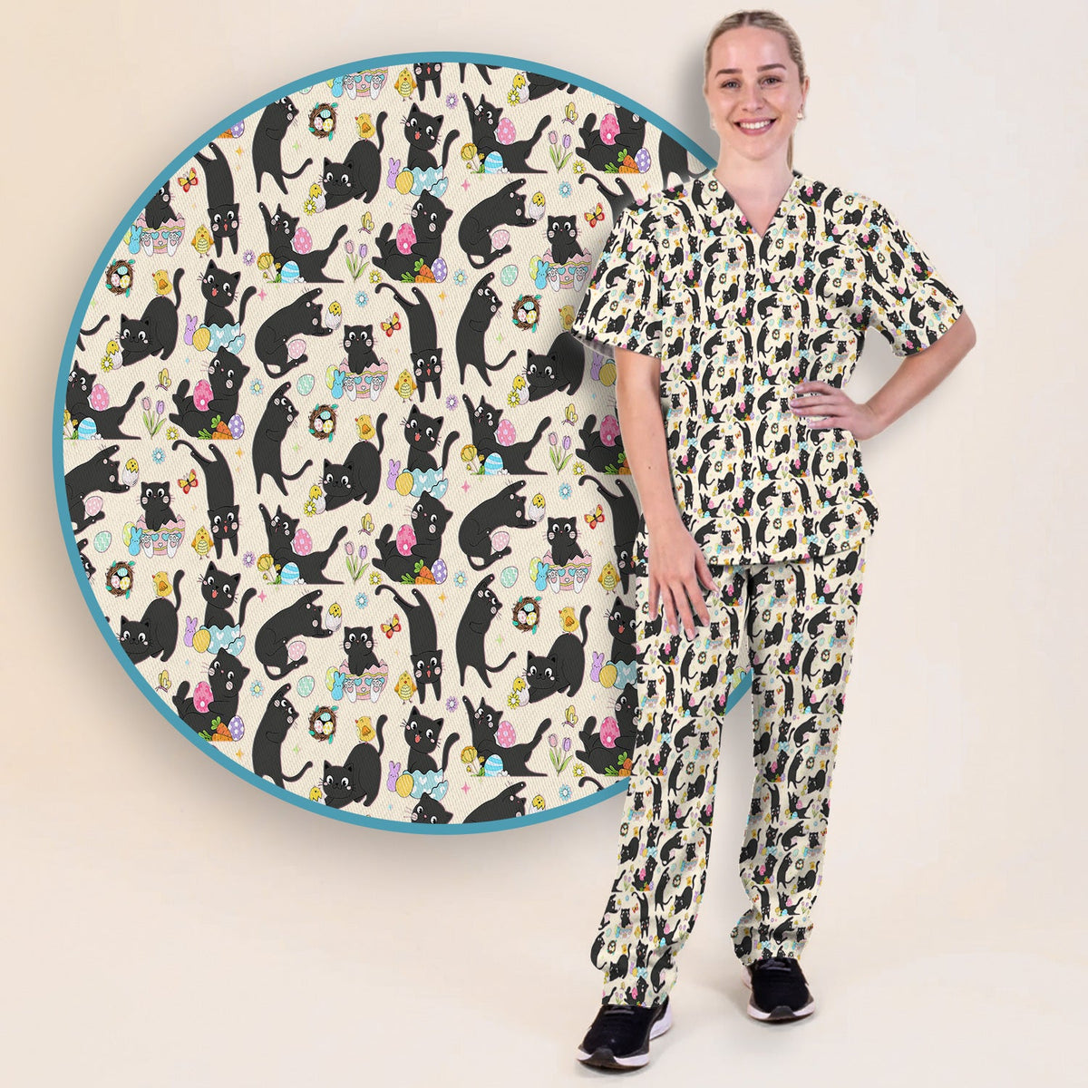 Black Cat Easter Egg Nurse Scrub Set