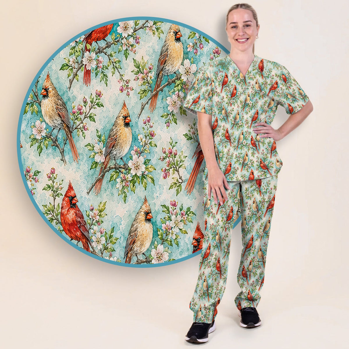 Cardinal Blossom Branch Nurse Scrub Set