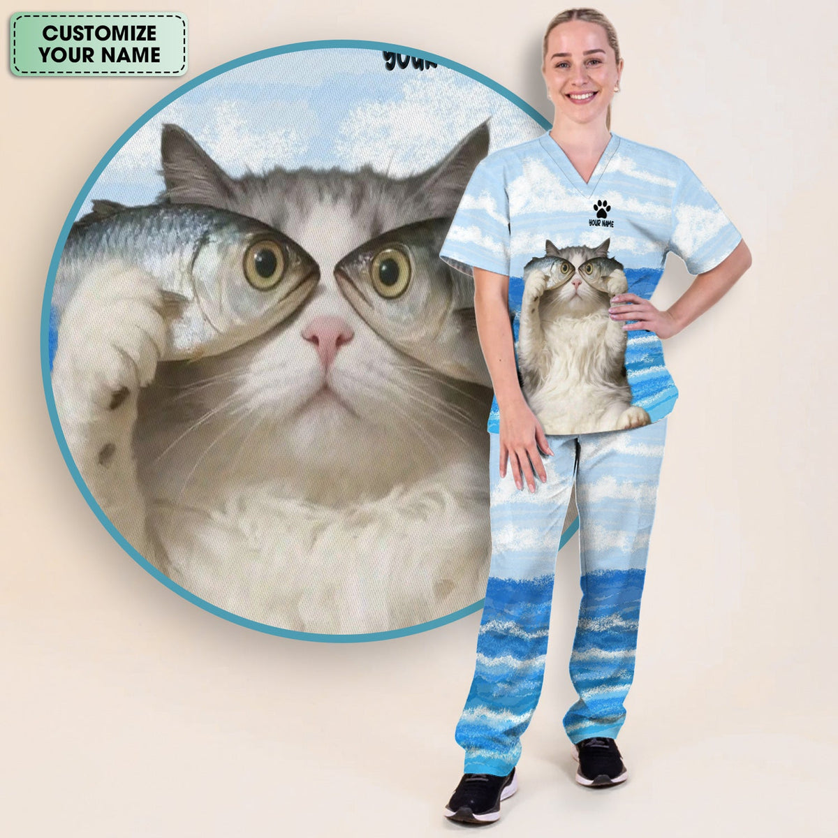Personalized Cat Holding Fish Nurse Scrub Set