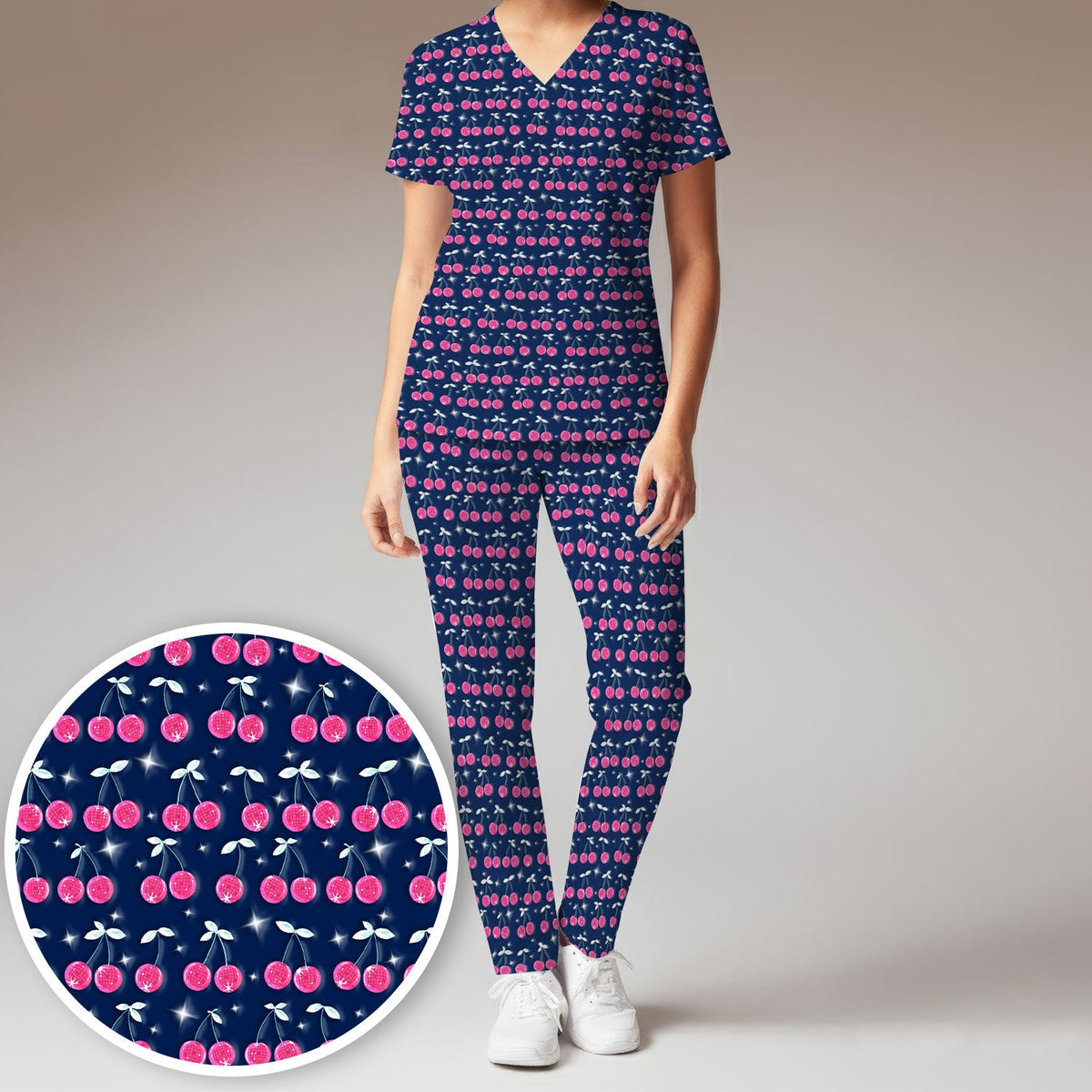 Pink Cherry Sparkle Nurse Scrub Set
