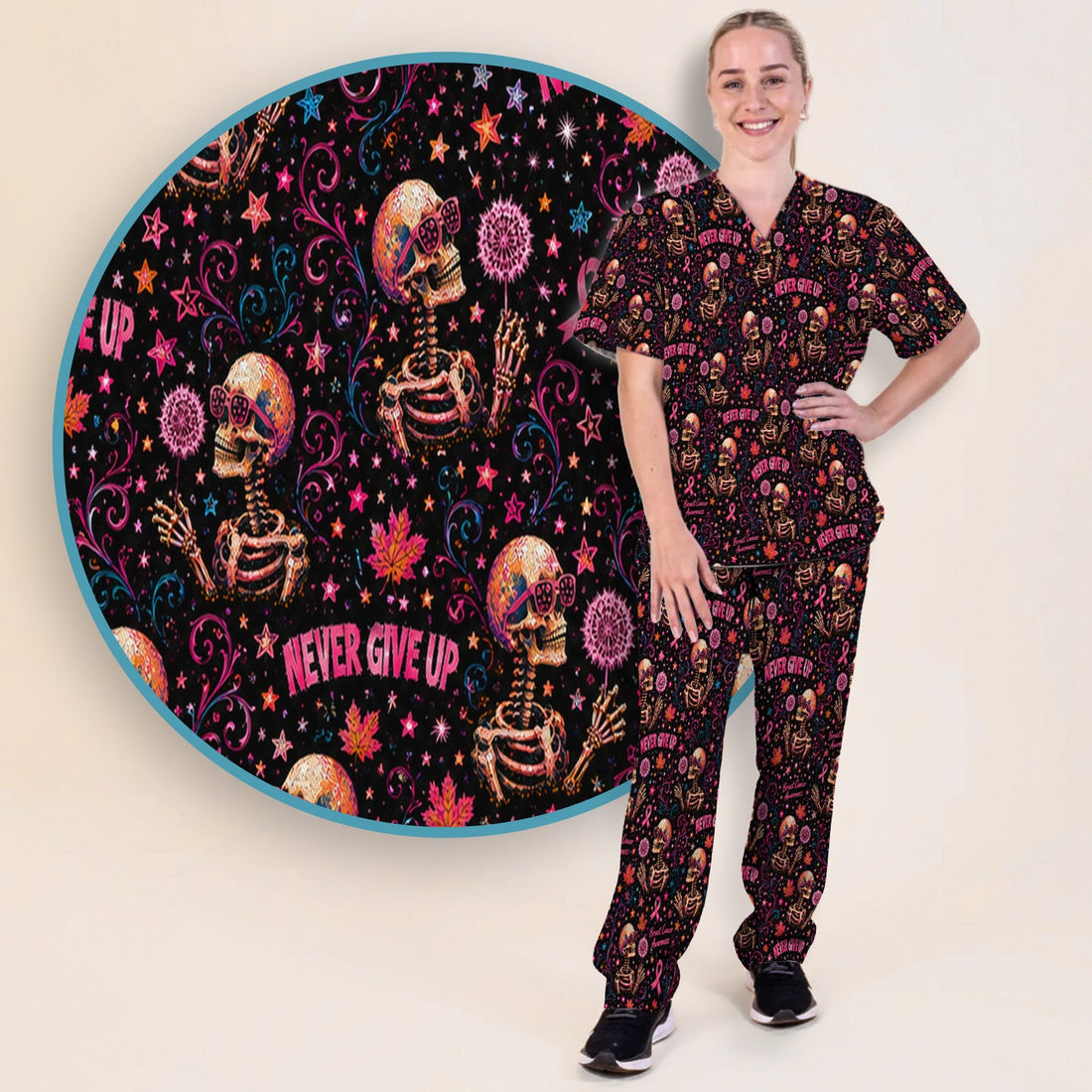 Breast Cancer Awareness Skeletons Nurse Scrub Set