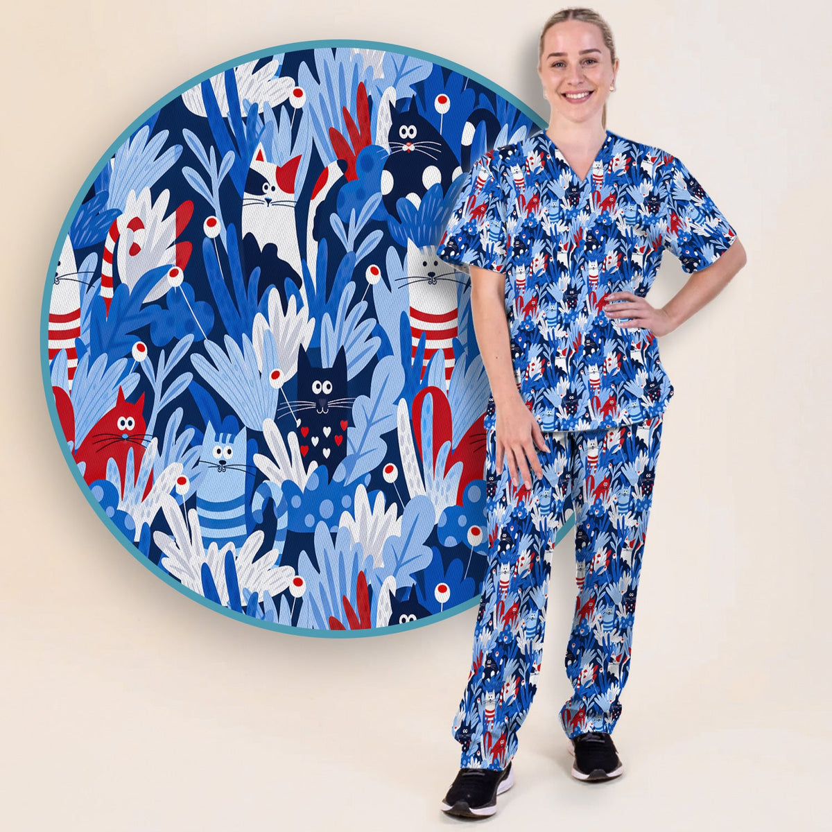 Cats Among Blue Foliage Nurse Scrub Set