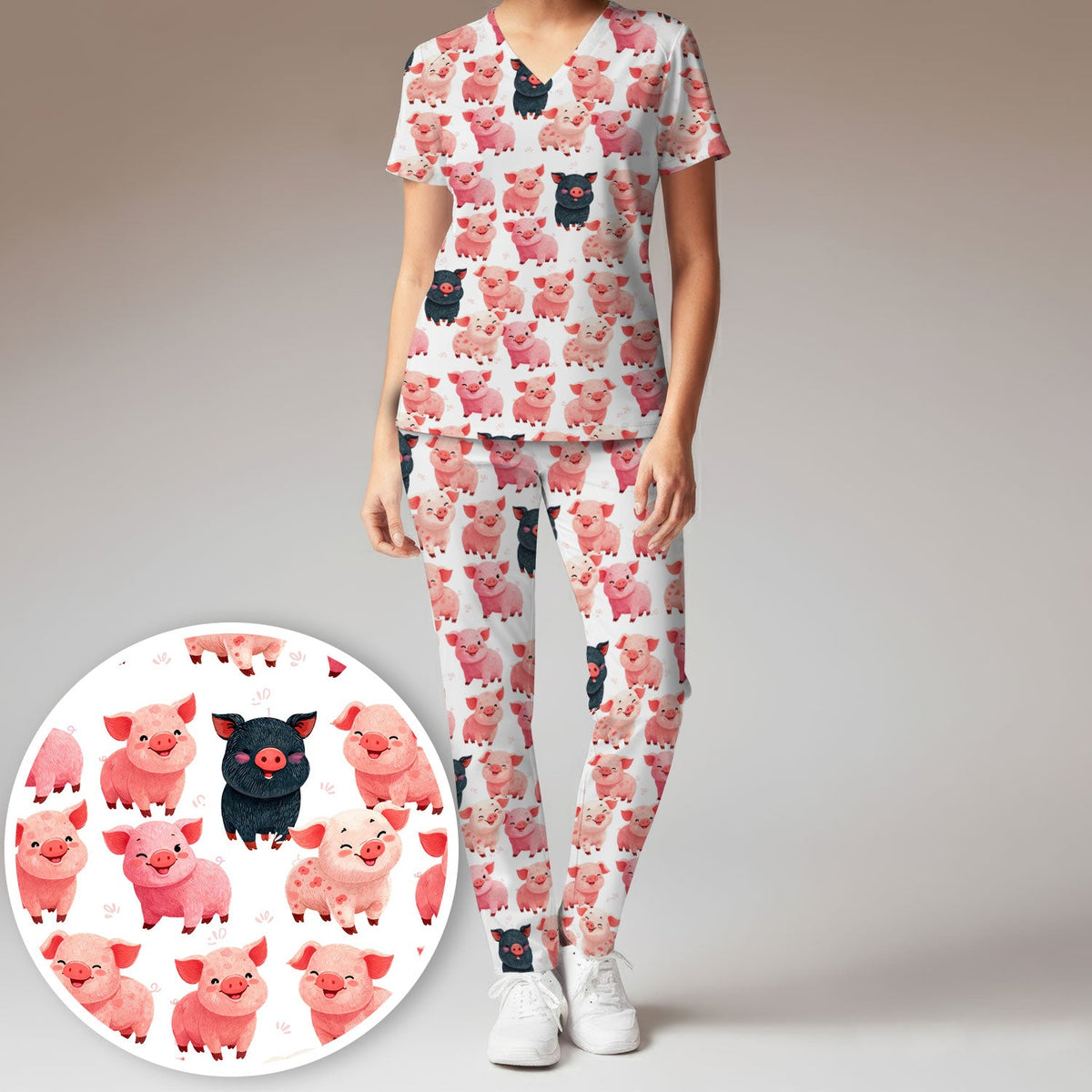 Funny Farm Pig Cartoon Pattern Scrub Set, Nurse Uniform Scrubs Set