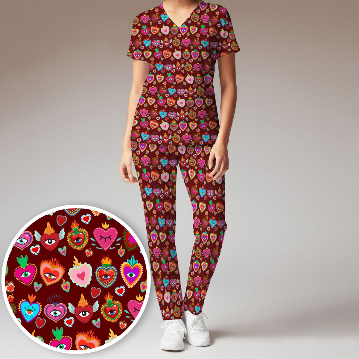 Valentine Colorful Sacred Heart Nurse Scrub Set
