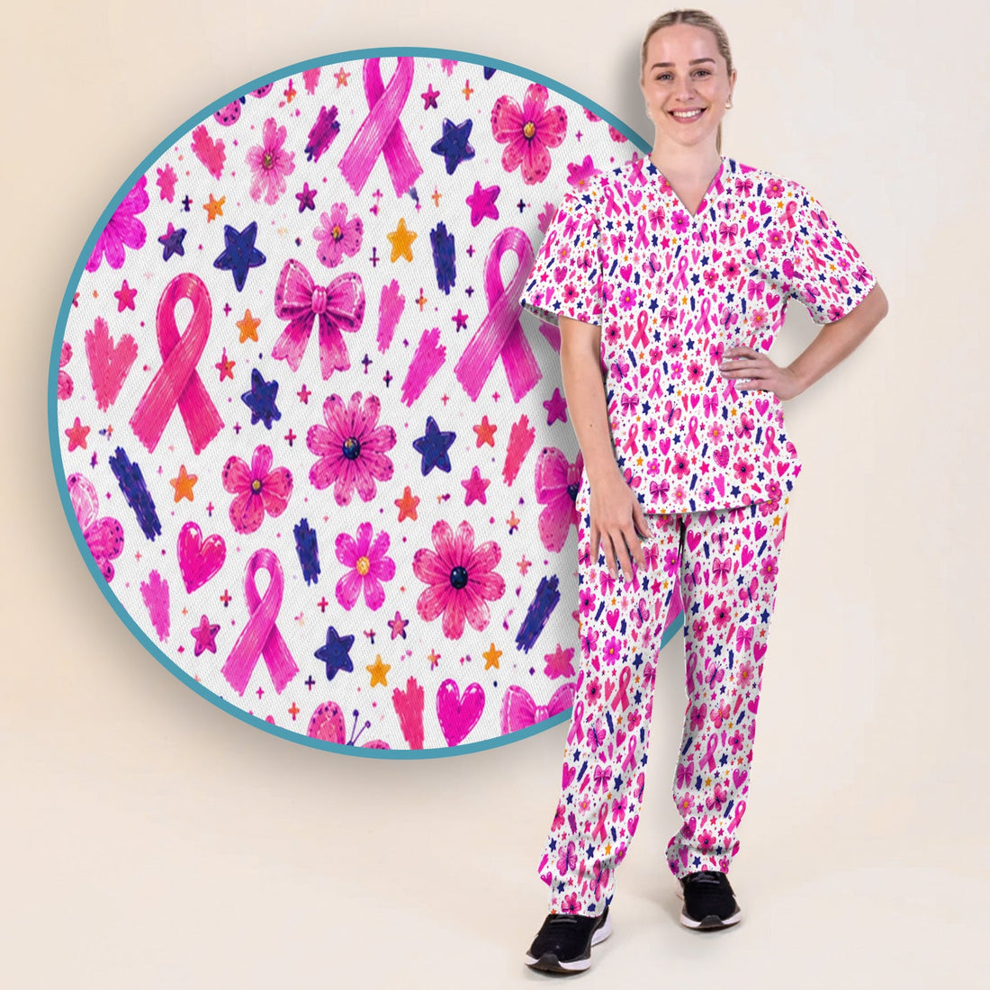 Pink Ribbon Floral Breast Cancer Nurse Scrub Set