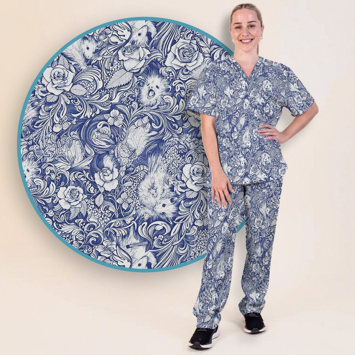 Blue Floral Opossum And Roses Nurse Scrub Set
