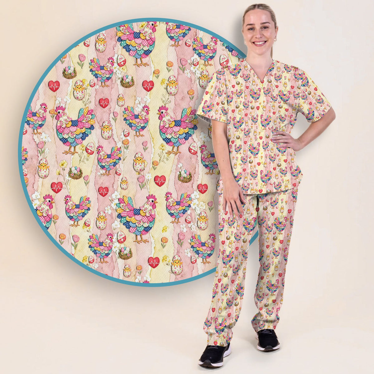 Colorful Chicken Easter Eggs Heart Nurse Scrub Set