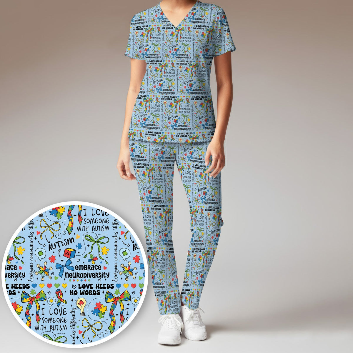 Autism Awareness Puzzle Ribbon Pastel Nurse Scrub Set