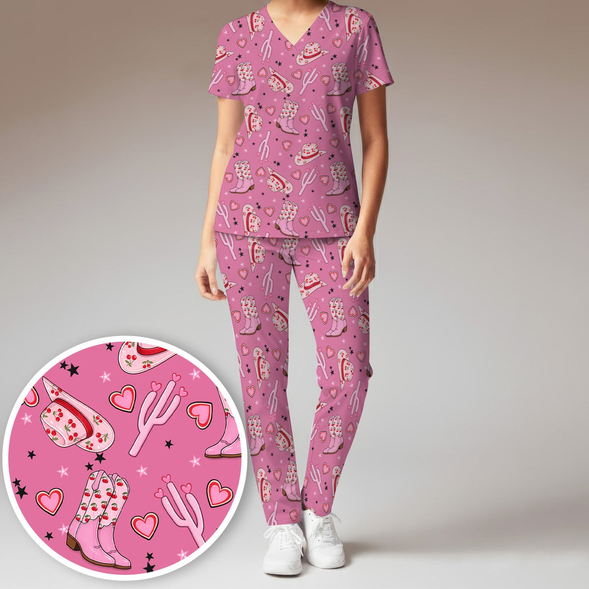 Pink Cowgirl Western Boots Hat Pattern Scrub Set, Scrub Pants and V Neck Top